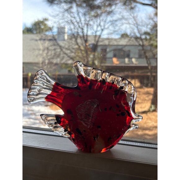 Handcrafted Glass Angel Fish Sculpture Red Clear Gold Crystal Piece Murano Style - Picture 8 of 8